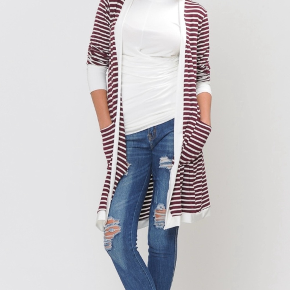 Magic Fit Burgundy and White Striped Cardigan